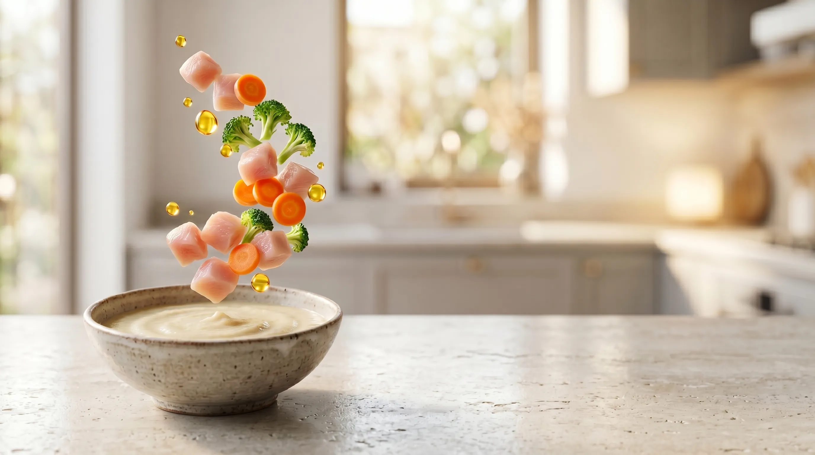 Bowl rústico de MiauCream com ingredientes frescos flutuando