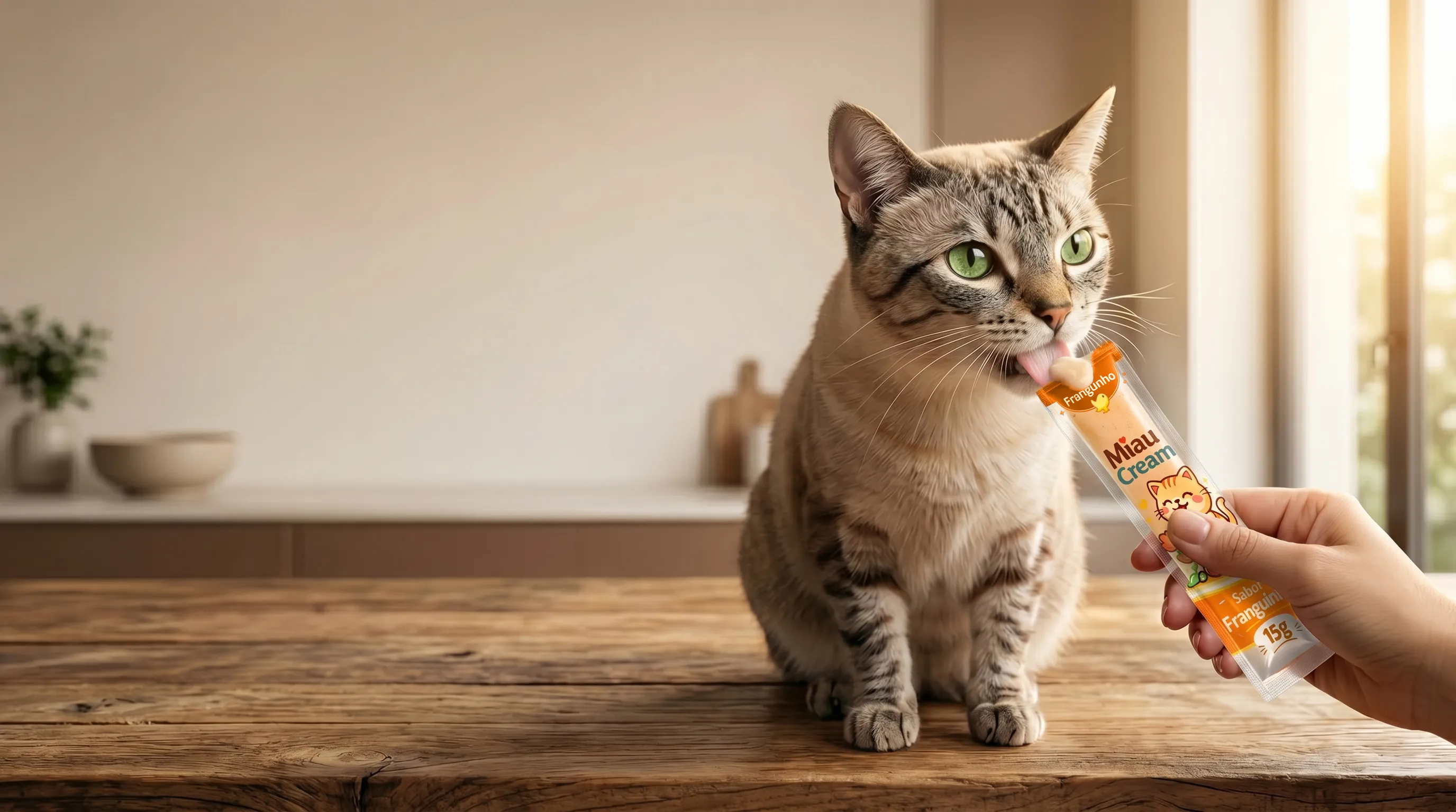 Um gato comendo um sachê de MiauCream