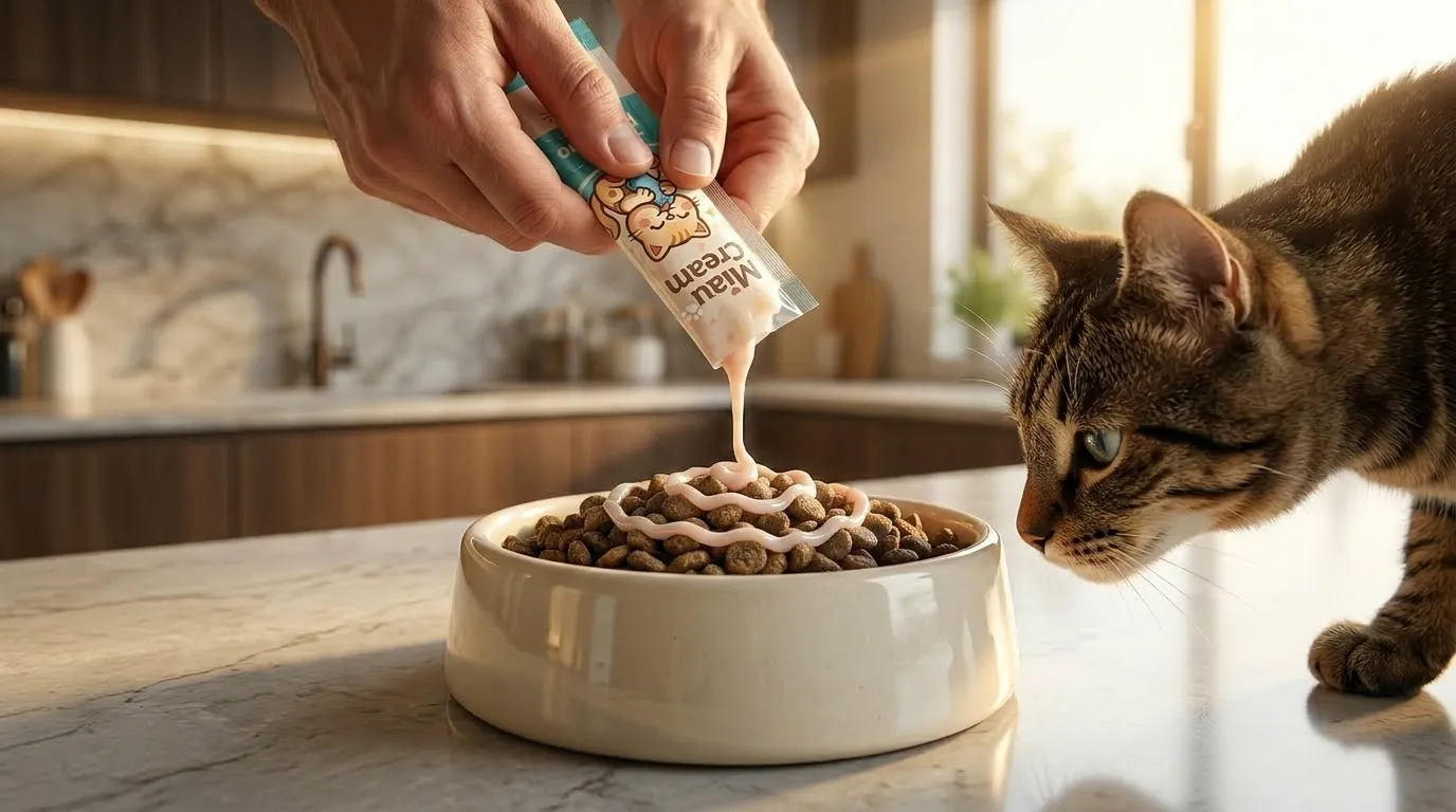 Espremendo MiauCream sobre ração seca